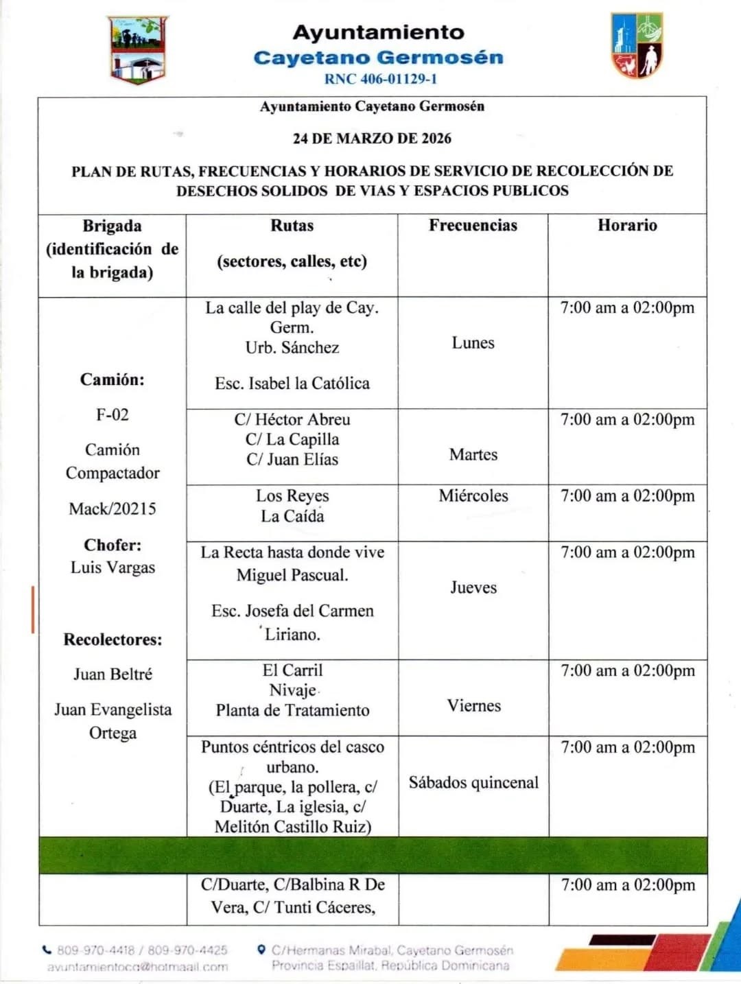 Plan de Rutas, Frecuencias y Horarios del servicio de recolección de desechos sólidos.